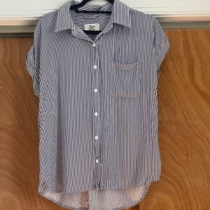 Cosmic Blue Love Navy and White Striped Button Down Short Sleeve Blouse